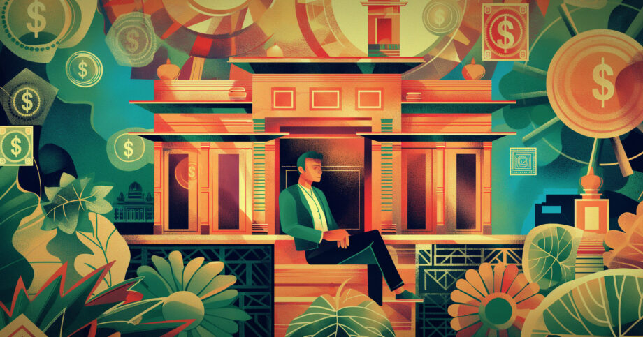 Illustration of a person in a stately home surrounded by monetary symbols. Why-clients-need-life-insurance-as-part-of-holistic-planning.