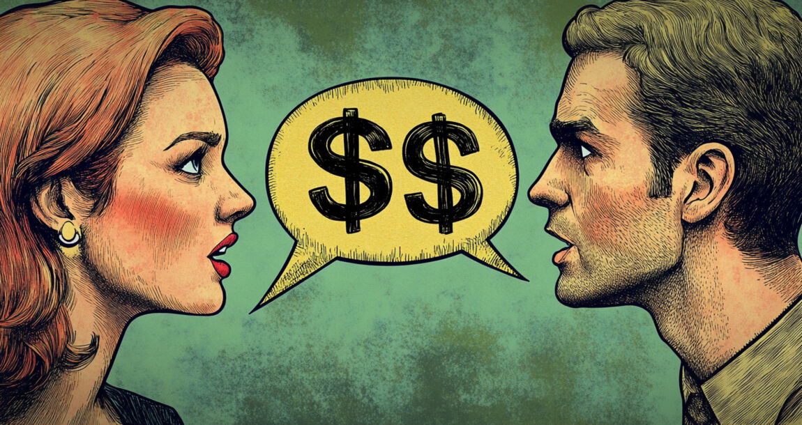 Illustration of woman talking to a man with a speech bubble that says: "$$." Women-and-money---know-the-right-language.