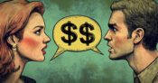 Illustration of woman talking to a man with a speech bubble that says: "$$." Women-and-money---know-the-right-language.