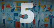 Illustration of a large group of icons representing workplace benefits, with a large "5" overlapping the image. Workplace-benefits-distribution-5-factors-driving-change.
