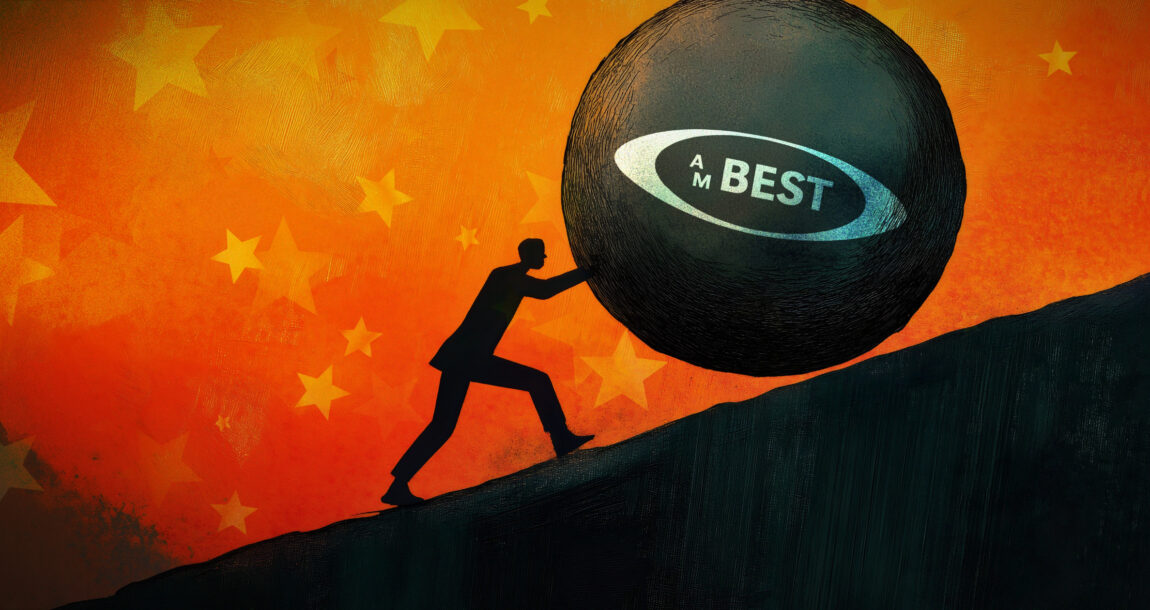 Illustration of a person pushing a boulder up a hill with the AM Best logo on the boulder. AM-Best-ratings-face-pushback-from-some-insurers.