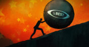 Illustration of a person pushing a boulder up a hill with the AM Best logo on the boulder. AM-Best-ratings-face-pushback-from-some-insurers.