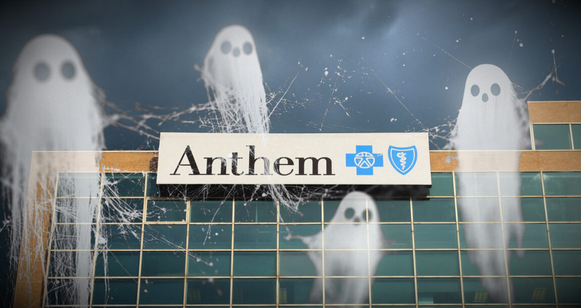 Illustration showing several ghosts with the Anthem BCBS logo overlaying the image. Ratings-agency-concerned-Florida-insurers-may-be-unfairly-denying-hurricane-claims.