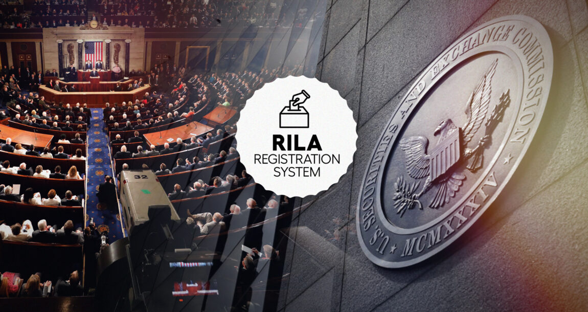 Photo illustration of the Securities and Exchange Commission building with an overlay that reads: "RILA Registration System."