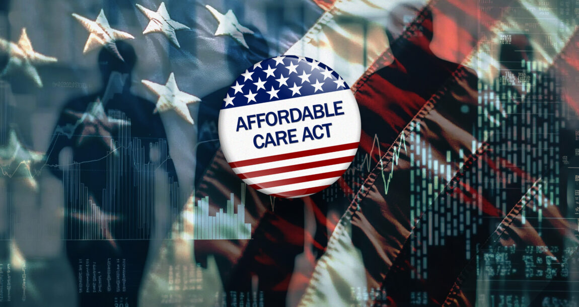 Photo illustration of a large American flag with the silhouettes of people behind it, with the words "Affordable Care Act" overlaid. Census-uninsured-rates-nationally-drop-significantly-with-ACA.