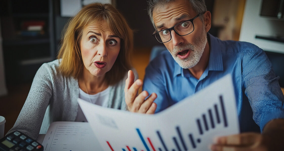 Image shows a bewildered couple looking at a financial statement.