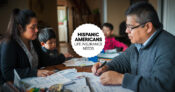 Photo illustration of a Hispanic couple looking at paperwork, with the legend "Hispanic Americans: Life Insurance Needs."