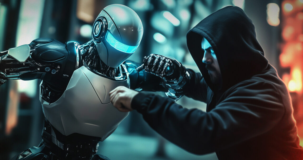 Photo illustration of a robot battling with a suspicious looking dark figure. How-one-AI-solution-is-helping-to-tackle-insurance-fraud.