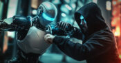 Photo illustration of a robot battling with a suspicious looking dark figure. How-one-AI-solution-is-helping-to-tackle-insurance-fraud.