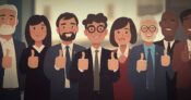 Illustrations of a group of people in business attire smiling and giving a thumbs up. Independent-agents-have-high-insurer-satisfaction-despite-market-challenges-study-finds.