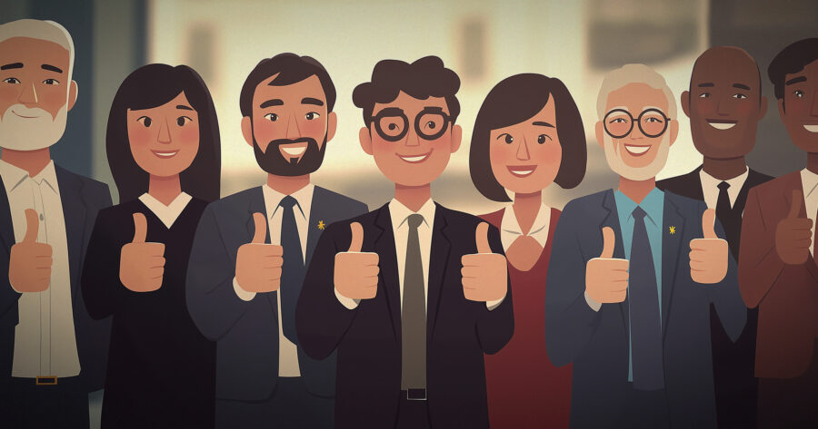 Illustrations of a group of people in business attire smiling and giving a thumbs up. Independent-agents-have-high-insurer-satisfaction-despite-market-challenges-study-finds.