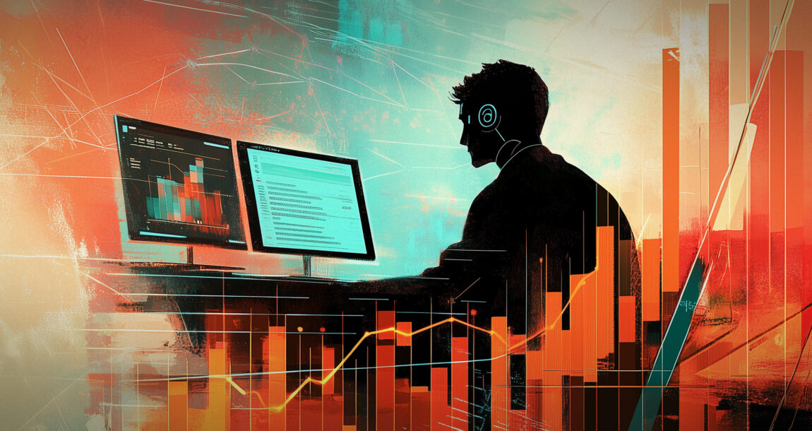 Graphic illustration of a person watching financial information graphs on a computer. Interest-rates-AI-usage-among-factors-to-drive-whole-life-insurance-growth.