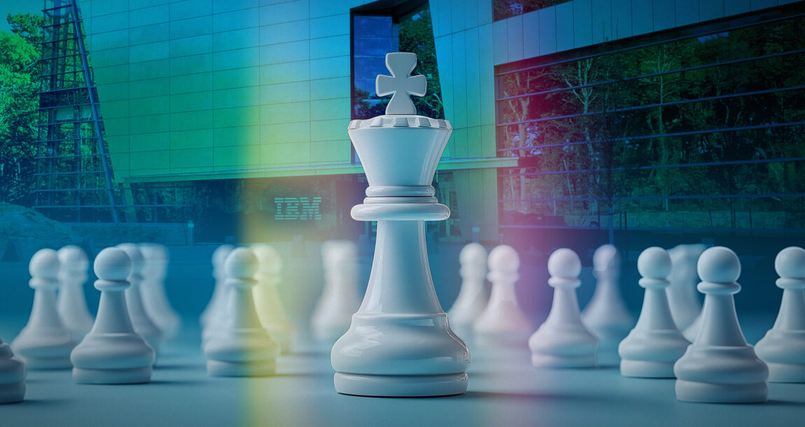 An illustration of chess pieces on a chessboard, with the IBM logo in the background. Is-there-a-winning-AI-strategy-for-insurers-IBM-says-yes