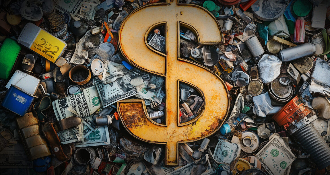 Photo illustration of a large rusty, old metal dollar sign against a backdrop of junk. Junk-fees-crackdown-a-win-win-for-insurtechs-expert-says.