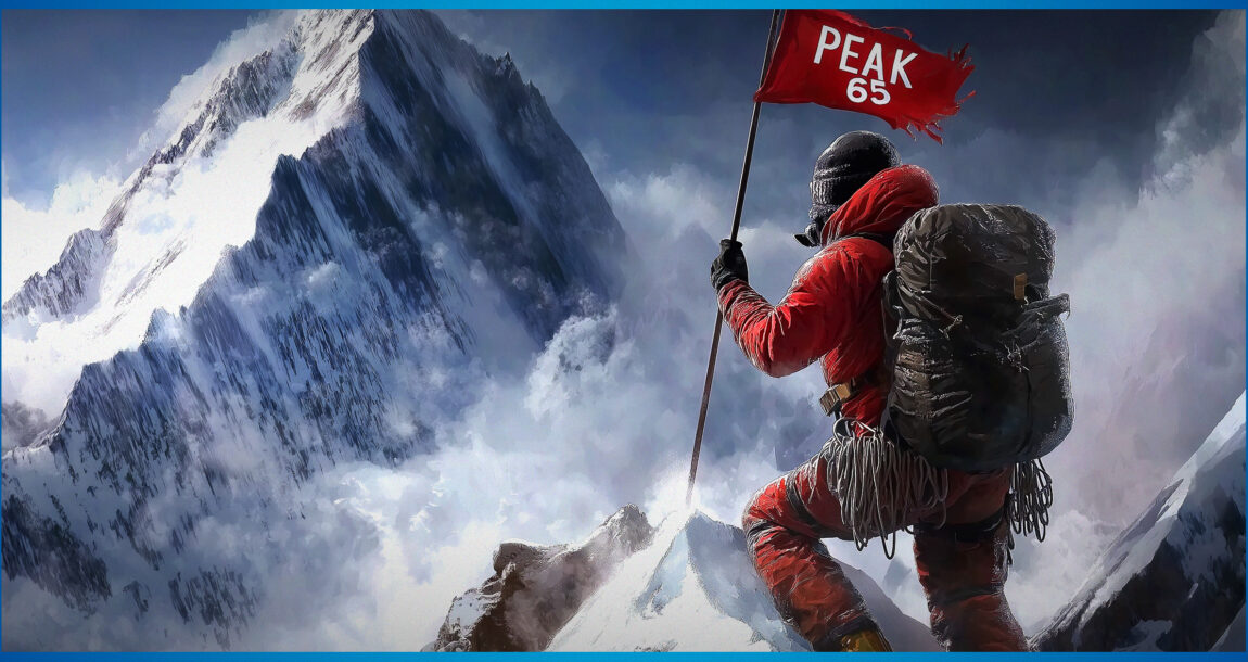 Photo illustration of a mountaineer at the summit with a flag that reads "Peak 65". Peak-65-underscores-the-need-for-protected-income.