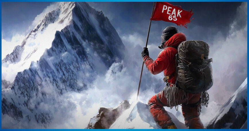 Photo illustration of a mountaineer at the summit with a flag that reads "Peak 65". Peak-65-underscores-the-need-for-protected-income.