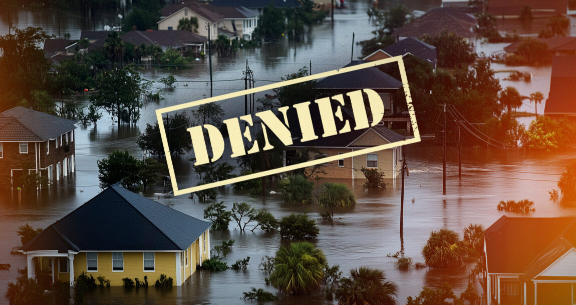 Image of hurricane damaged neighborhood with a giant "Denied" ink stamp image overlaying it. Ratings-agency-concerned-Florida-insurers-may-be-unfairly-denying-hurricane-claims.