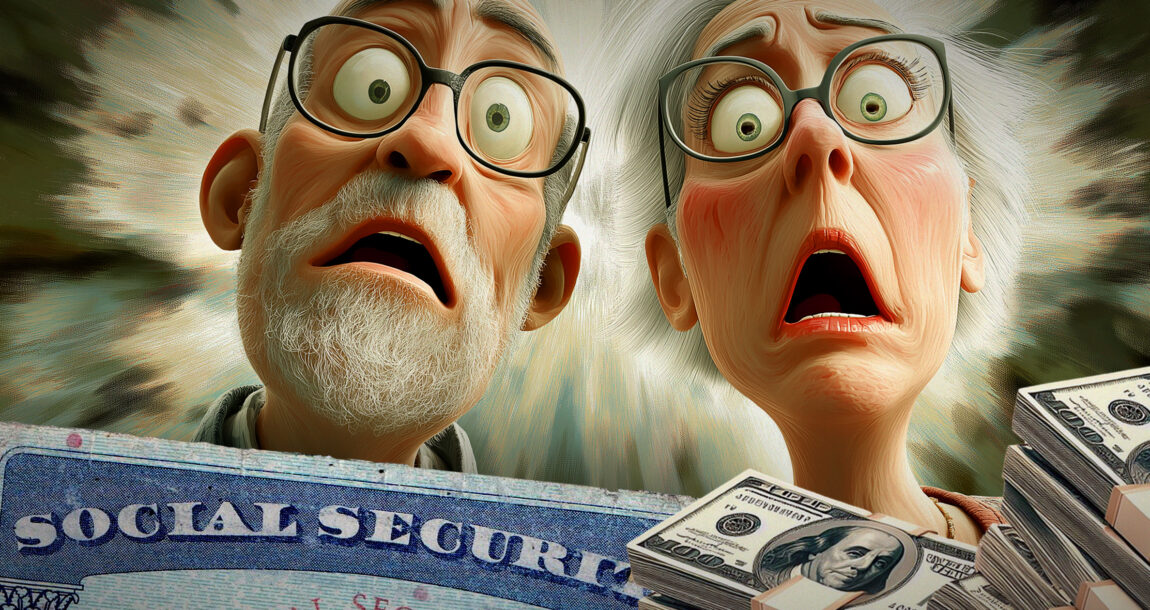 Illustration of a senior couple looking scared with a large Social Security card in the foreground. Retirement-The-cost-of-fear.