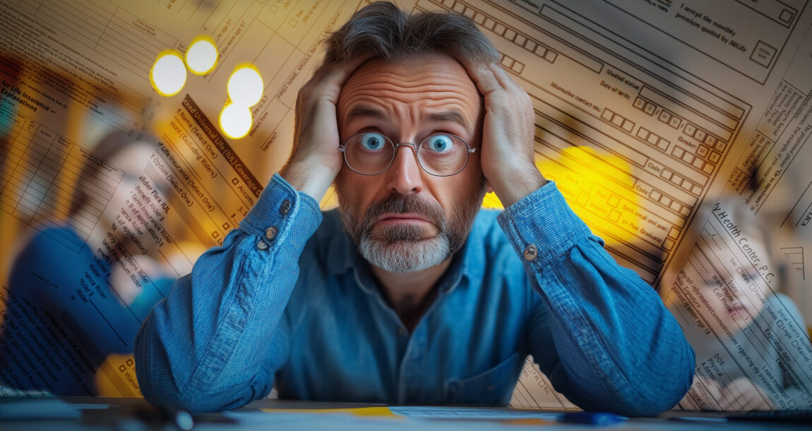 Photo illustration of consumer holding his head and looking very overwhelmed and confused. Study-consumers-find-life-insurance-policies-overly-complex