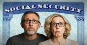 Image of a worried looking couple against the backdrop of a giant Social Security card. What-would-proposed-Social-Security-changes-mean-for-clients.