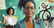 Image of workers surrounded by symbols of workplace benefits. Workplace-benefits--How-to-help-workers-understand-and-use-them.