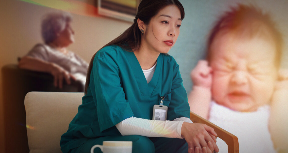 Image of a health professional sitting among patients.