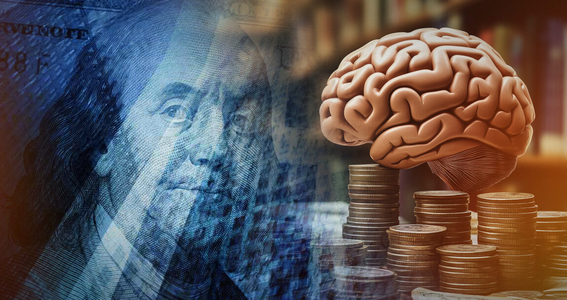 Image shows a collage of money and a brain