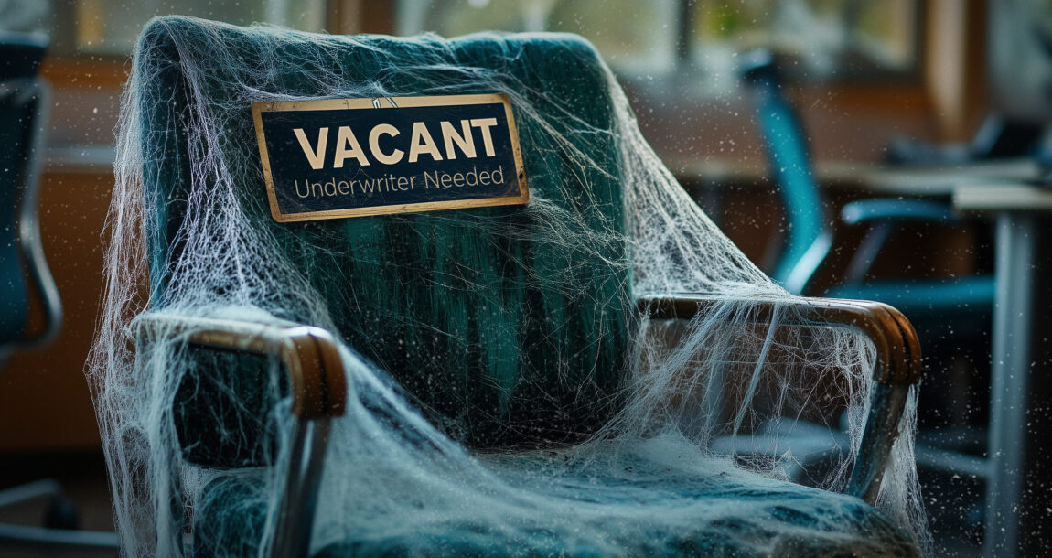 Image of a chair with cobwebs, labeled "Vacant." Grappling-with-the-underwriting-talent-crisis.