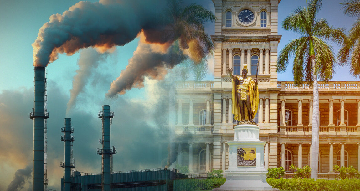 Image of Hawaii with large smokestacks spewing smoke. Hawaii-court-first-to-classify-greenhouse-gases-as-pollutants.