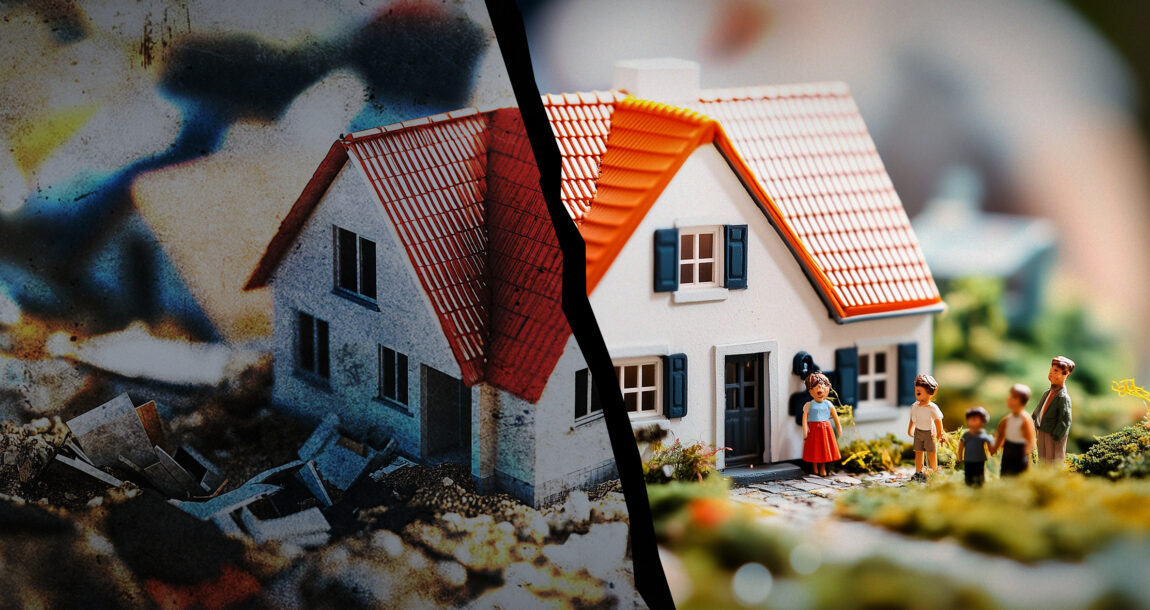 Image of a toy house on a landscape with a crack running through it. Home insurance market may be stabilizing study finds.