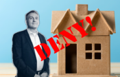 Photo illustration of Greg Lindberg next to a toy house with the stenciled stamp reading "DENY!" overlapping the image. Lindberg request for residential detention hit by prosecutors.