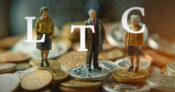 Photo illustration of small human figures standing atop a pile of coins with the letters "LTC" overlaying the image. Long-term-care-needs-will-only-increase-as-more-Americans-age.