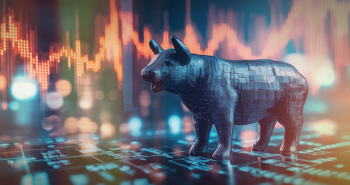 Photo illustration of a bull posed against a background of rising financial charts. Markets-poised-for-continued-robust-returns.