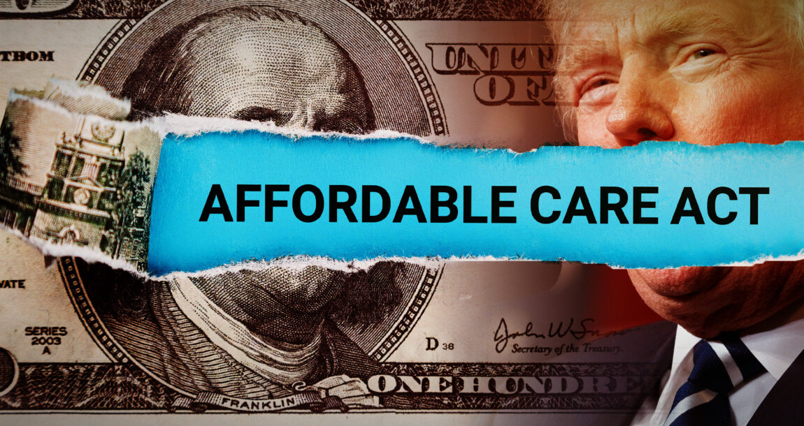 Image of Donald Trump with a $100 bill, with the words "Affordable Care Act" overlaying the image. Medicaid-ACA-most-likely-to-be-impacted-by-new-administration.