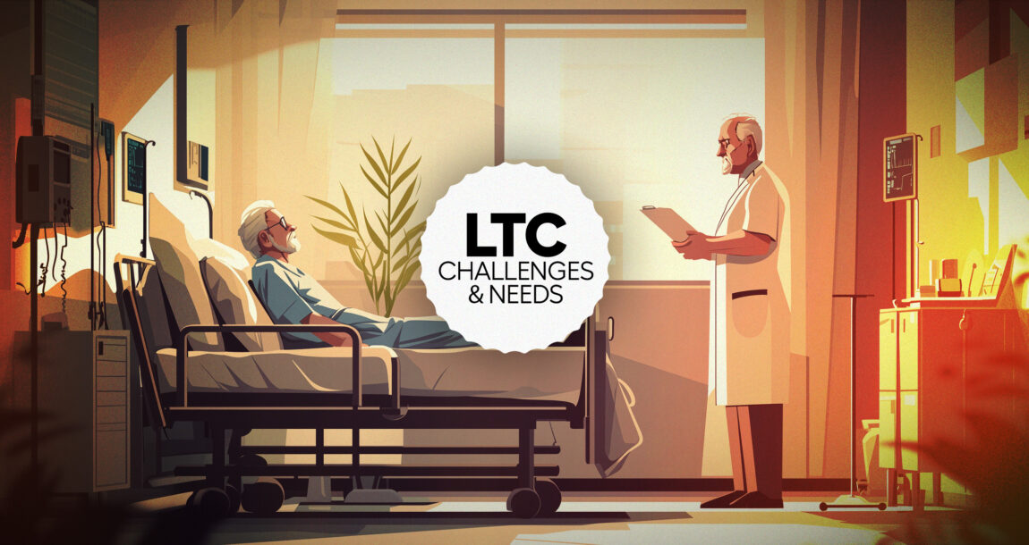 Illustration of a doctor and patient in a long-term-care facility. Needs-and-challenges-faced-by-consumers-seeking-LTC-insurance.