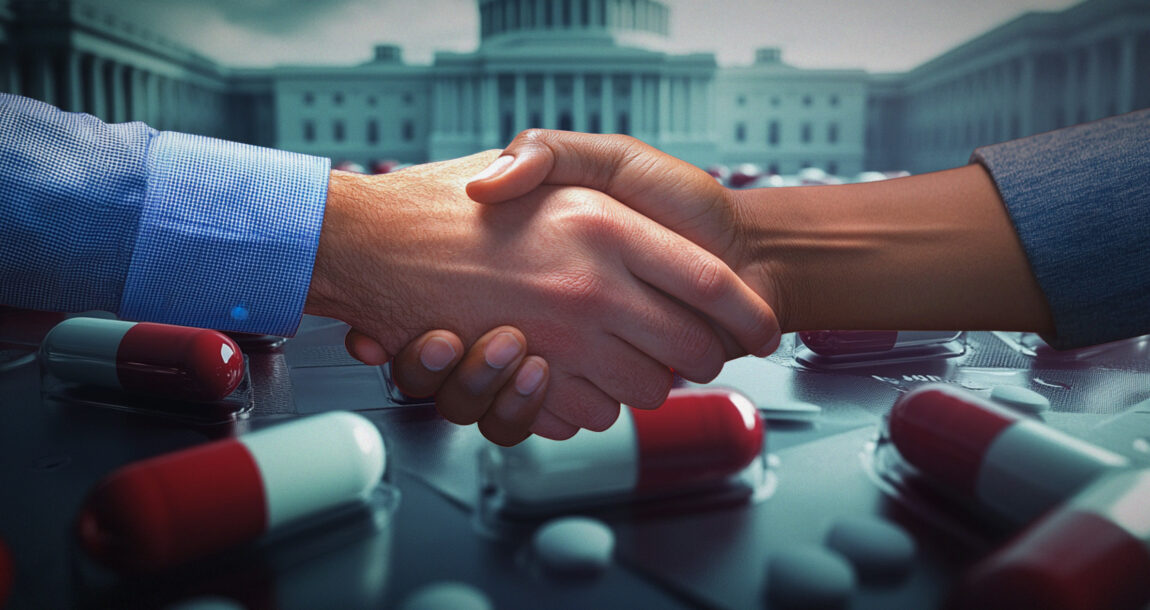 Photo illustration of two persons in a handshake. Some-health-care,-retirement-policies-have-bipartisan-support-going-into-2025.