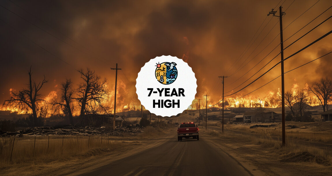 Image of the aftermath of a catastrophic weather event, with the legend "7-Year High" overlaying the photo. US-catastrophe-claims-hit-7-year-high,-report-finds.