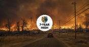 Image of the aftermath of a catastrophic weather event, with the legend "7-Year High" overlaying the photo. US-catastrophe-claims-hit-7-year-high,-report-finds.