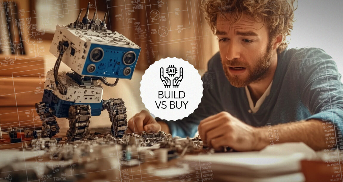 Image of a person struggling to build a robot, surrounded by pieces. Building-vs-buying-an-AI-solution-What-should-insurtechs-consider.