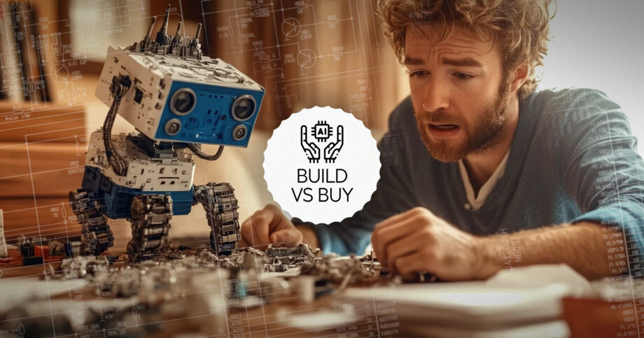 Image of a person struggling to build a robot, surrounded by pieces. Building-vs-buying-an-AI-solution-What-should-insurtechs-consider.