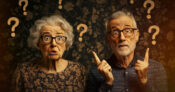 An senior couple looking indecisive with questions marks appearing across the image. Overcoming the indecision of prospects.