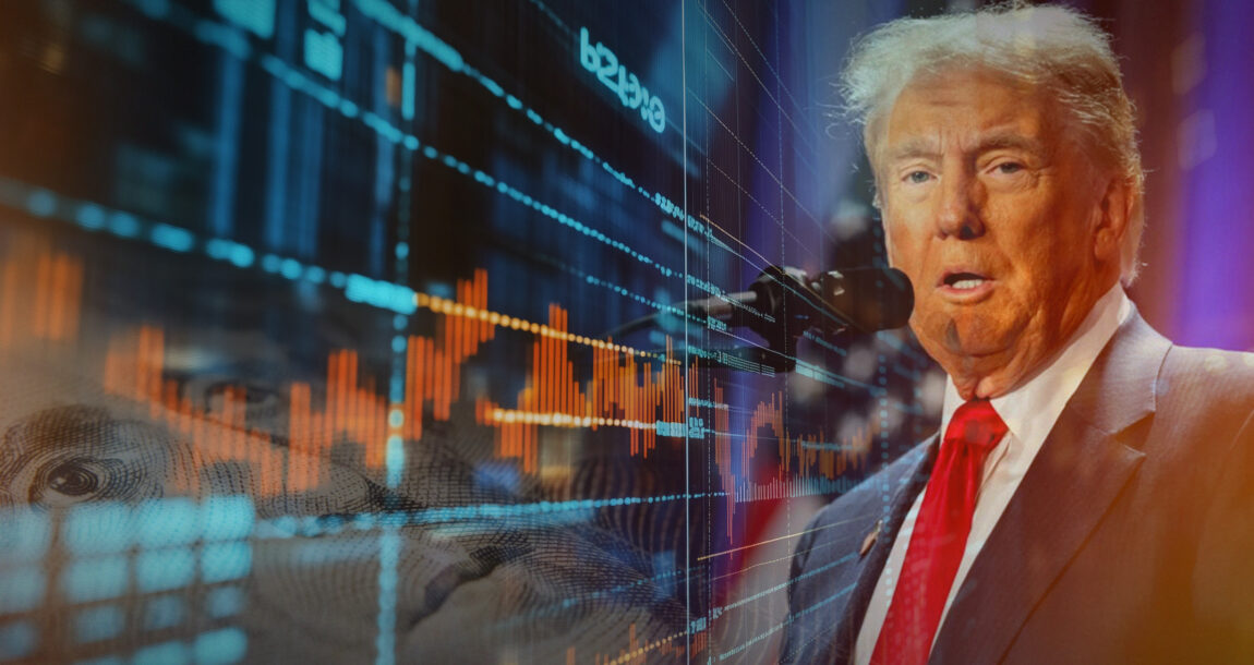 Image of Donald Trump against a background of financial charts and graphs. Financial-sector-under-new-Trump-administration-taking-shape.