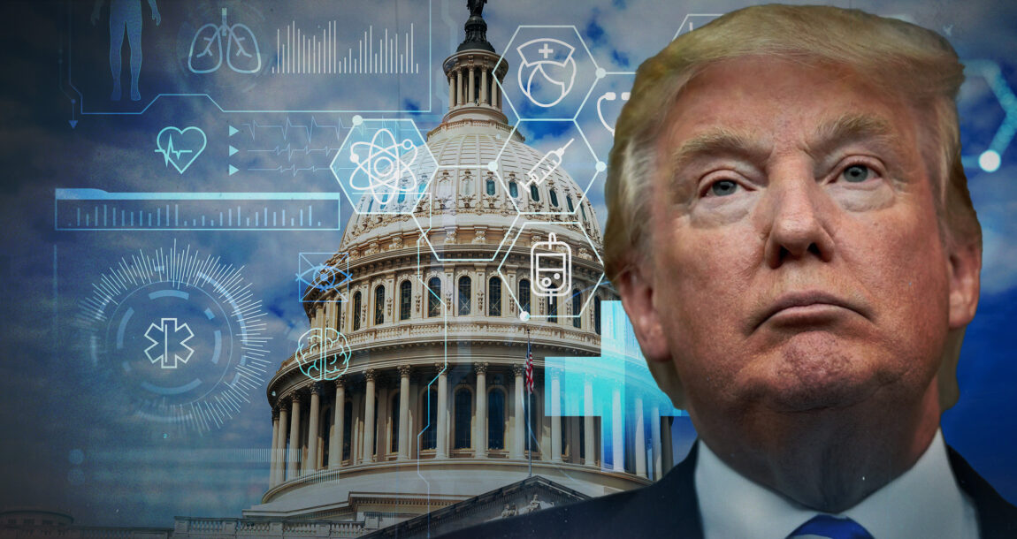 Image of Donald Trump against a backdrop of the U.S. Capitol dome, with health icons superimposed. Health-care-and-Trump-2-Disruption-ahead.