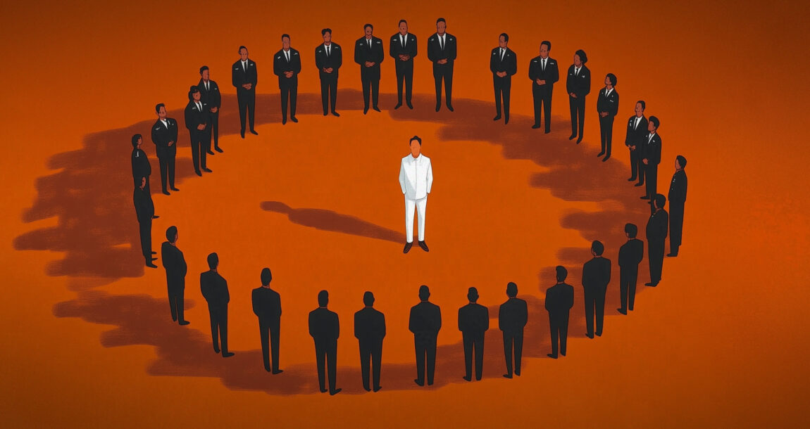 Illustration of a lone health executive surrounded by a phalanx of security personnel. Health-insurers-take-steps-to-enhance-security-following-UnitedHealthCare-CEO-shooting.