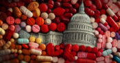 Illustration of a drawing of the U.S. Capitol Building surrounded by prescription pills. How-will-public-policy-impact-health-benefits.