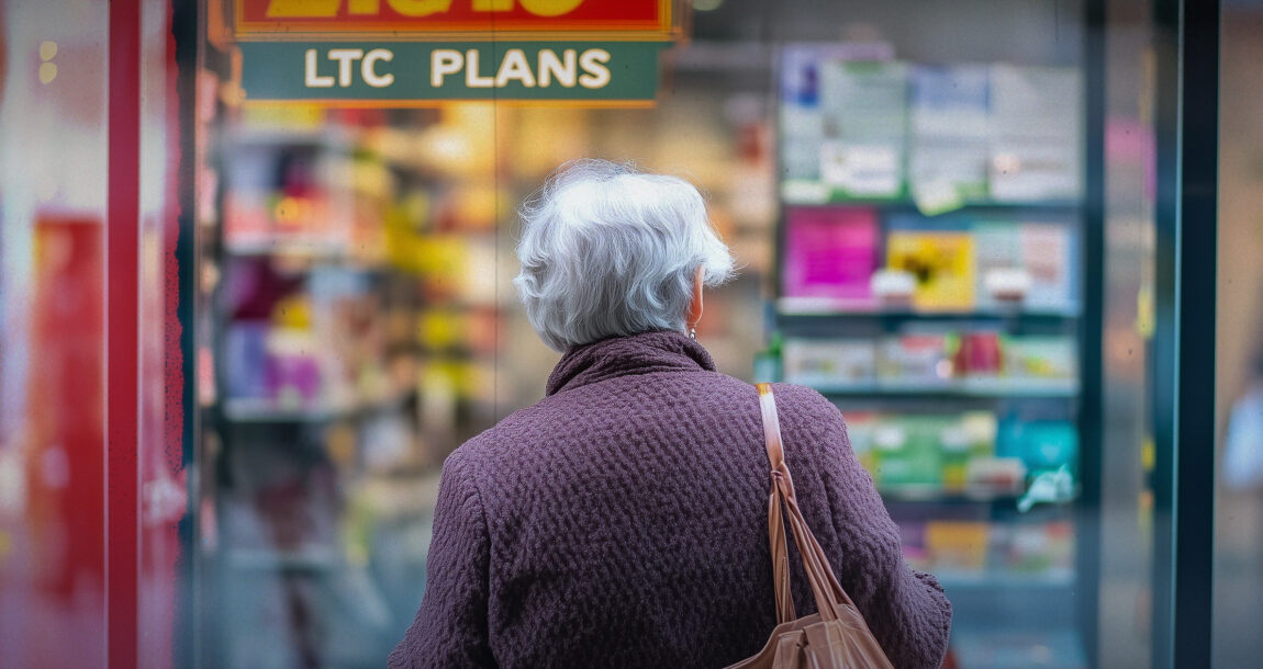 Image of a senior citizen looking into a storefront that has a sign labeled "LTC Plans." Need an image for: LTCi: Several options available to fit client needs.