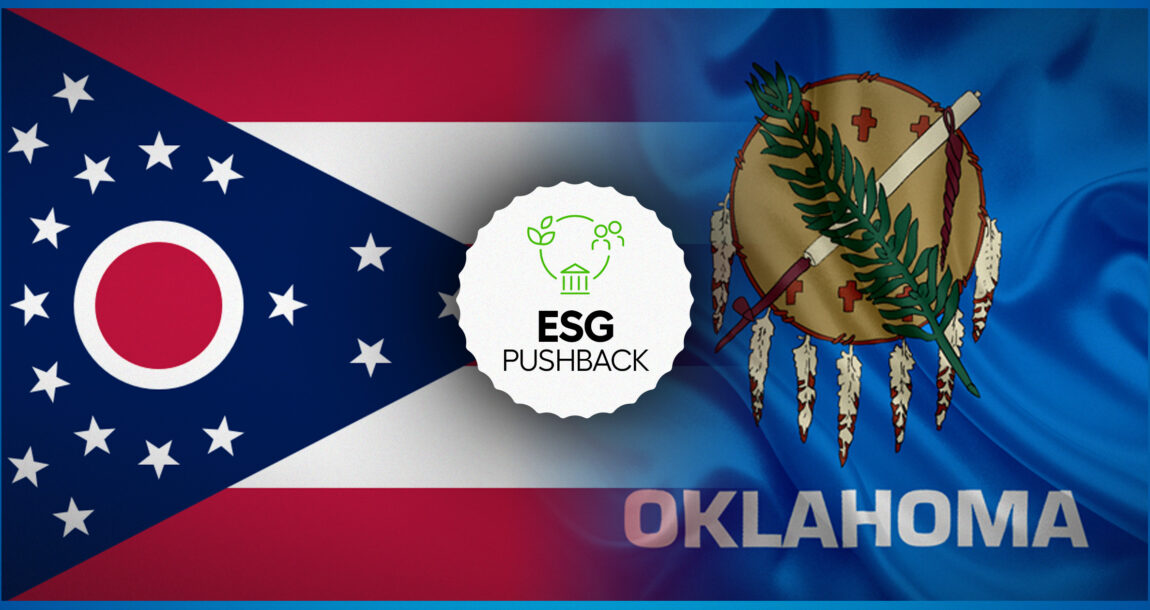 Illustration showing the state symbols of Ohio and Oklahoma with the words "ESG Pushback" overlaying. Ohio-Oklahoma-push-back-on-ESG-investing.