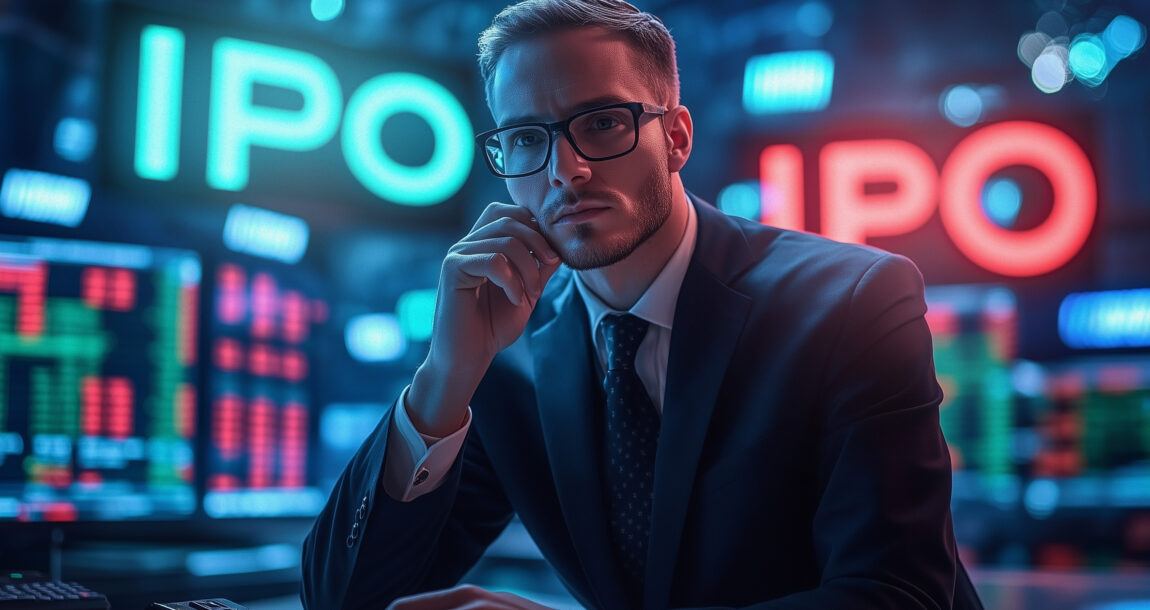 Business executive sits in front of a console full of financial graphs and charts, with "IPO" appearing on the console. PwC-Trump-administration-could-resurrect-IPO-market.