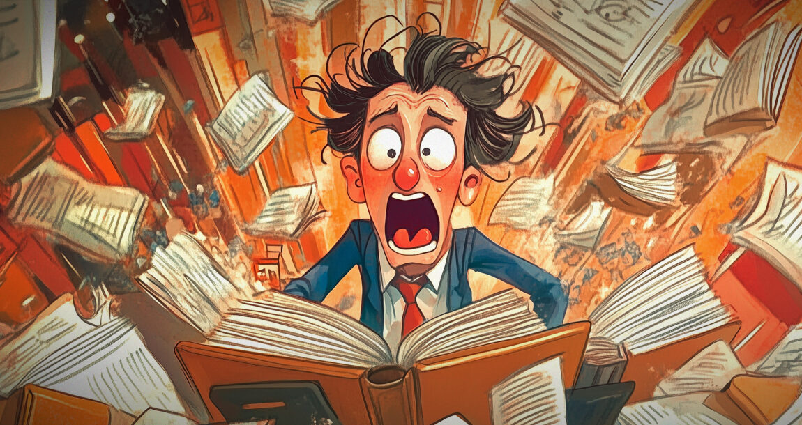 Illustration of a cartoonish figure panicking as he looks through regulations and requirements. SB-263-expected-to-bring-chaos-to-Calif-insurance-annuity-sales-come-Jan-1.