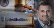 Image shows late UnitedHealth CEO Brian Thompson and a gavel